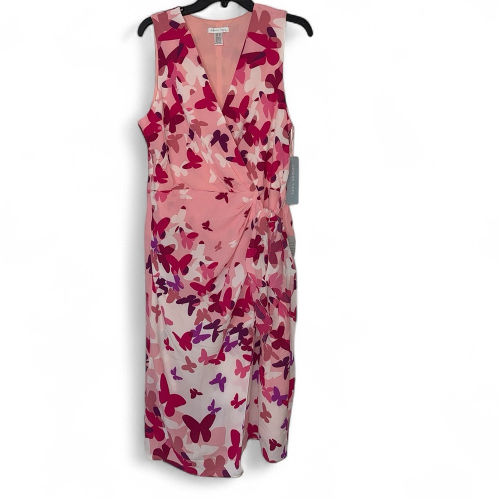 London Times Pink Multi Butterfly Print faux Wrap Dress